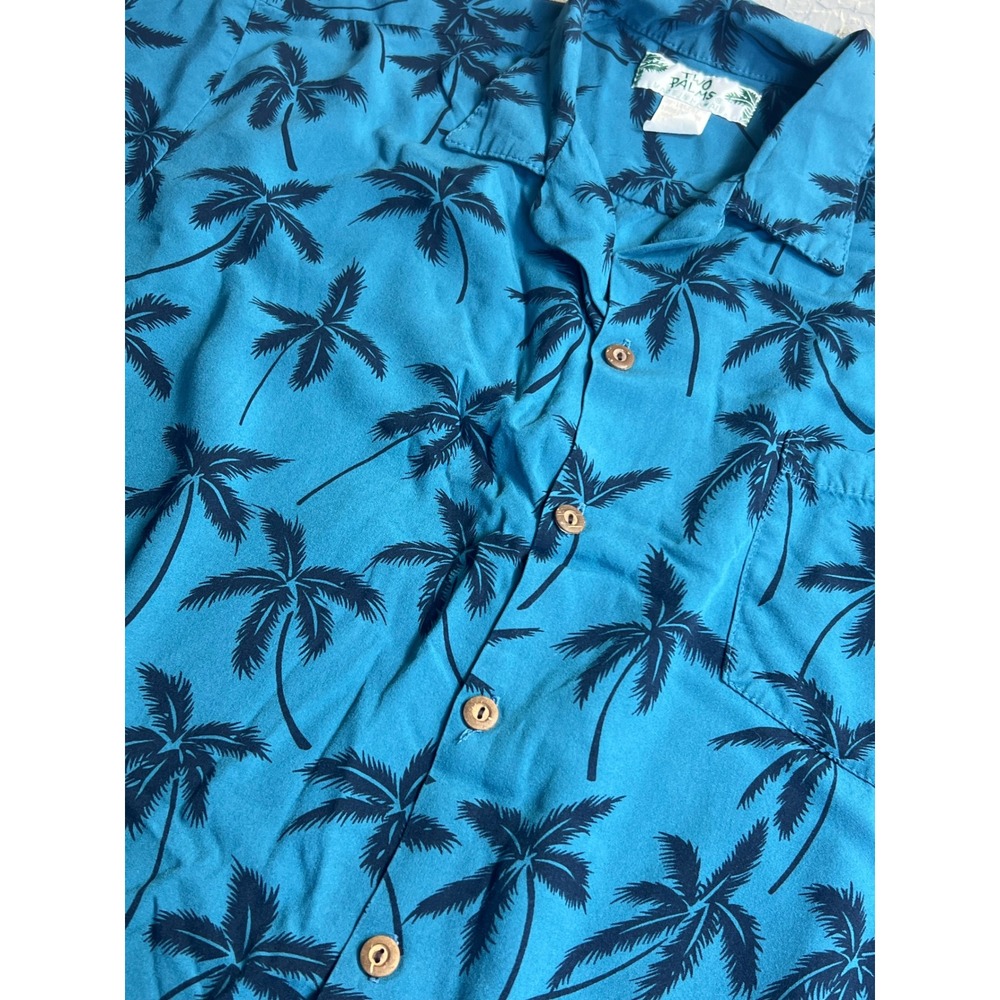 Vintage Two Palms Hawaiian Shirt  Aloha Tropical Palm Tree Rayon Large Teal Blue